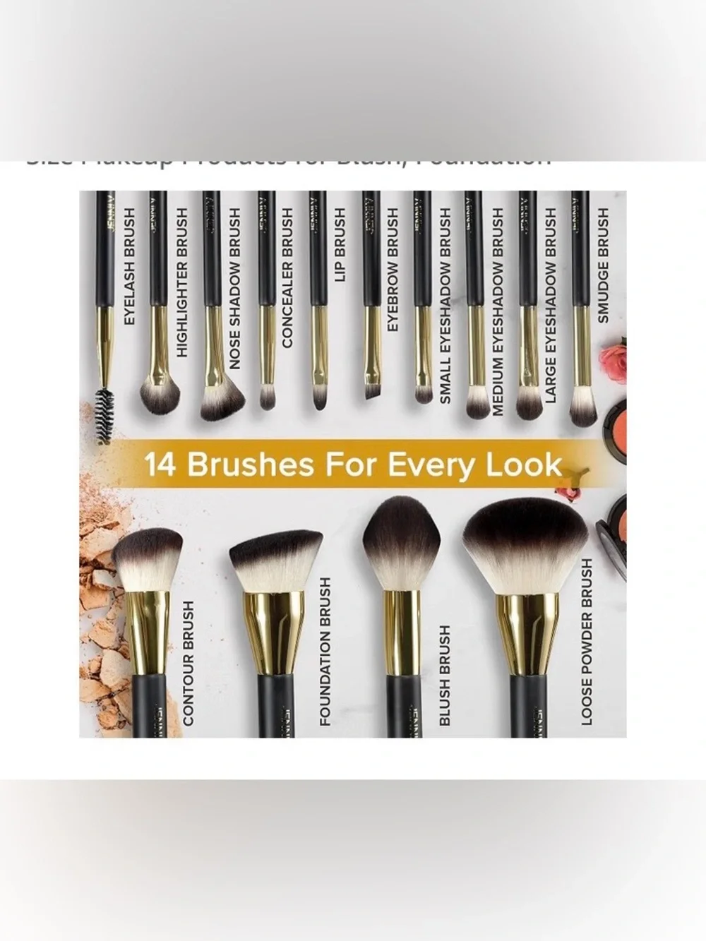 JENNI V Black & Gold Makeup 14- piece Brush Set with Bag